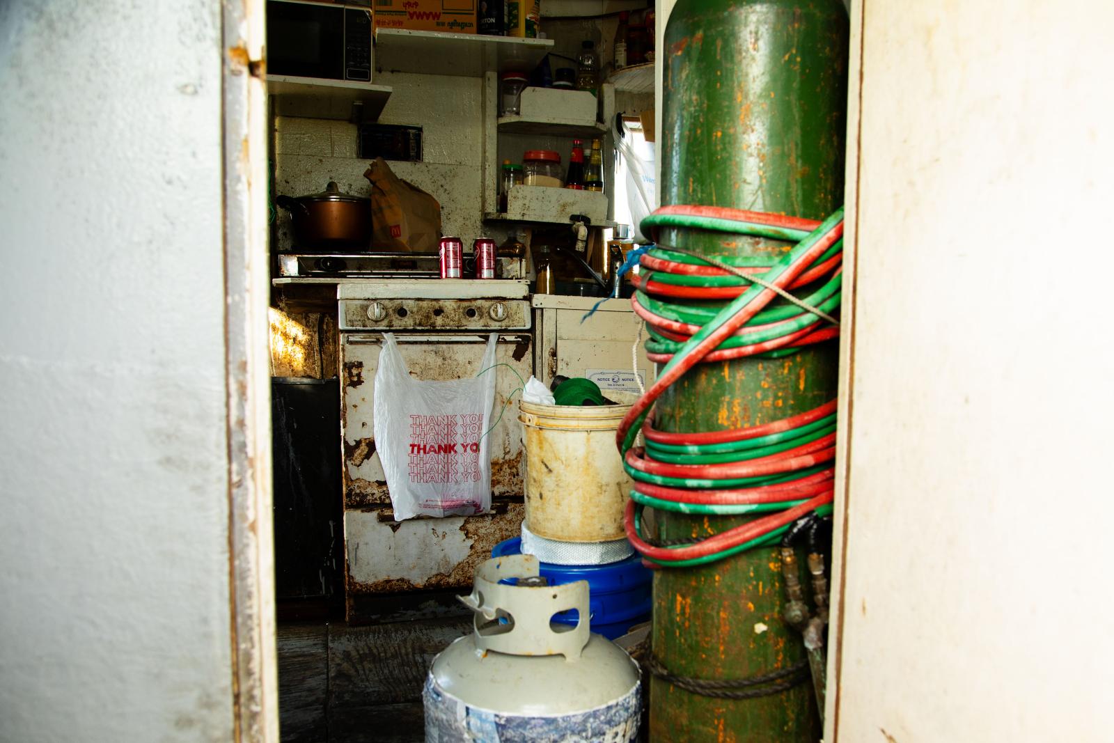 A view of the kitchen of the boat.